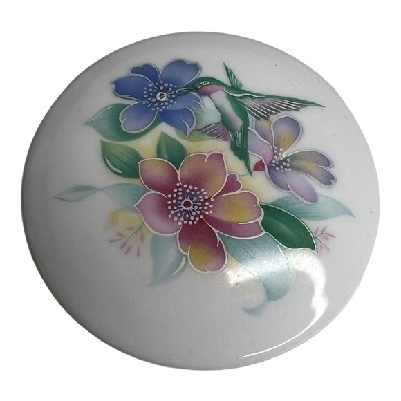 Hummingbird Floral Lidded Trinket Box Maine Porcelain S Designs Round 3.5” Flaw‎ - Picture 2 of 5